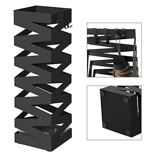 Songmics Metal Paraply Stand, Square Paraply Holder Rack, med kroge og drypbakke, 15,5 x 15,5 x 49 cm, sort luc16b