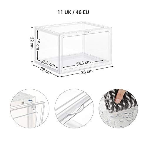Songmics -skobokse, pakke med 6 stable skoarrangører med klar dør, plastskoopbevaring til britisk størrelse 11, 36 x 28 x 22 cm, gennemsigtig LSP06CW