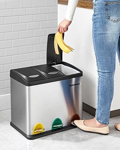 Songmics Recycling Bin, 3-in-1 Pedal Bin, 24-Liter Metal Rubbish Bin, Waste Separation System skraldespand til køkken, let at rengøre, stål, sølv LTB24L