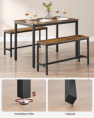 Vasagle spisebord med 2 bænke, 3 stykker sæt, køkkenbord på 110 x 70 x 75 cm, 2 bænke på 97 x 30 x 50 cm hver, stålramme, industriel design, rustik brun og sort KDT070B01