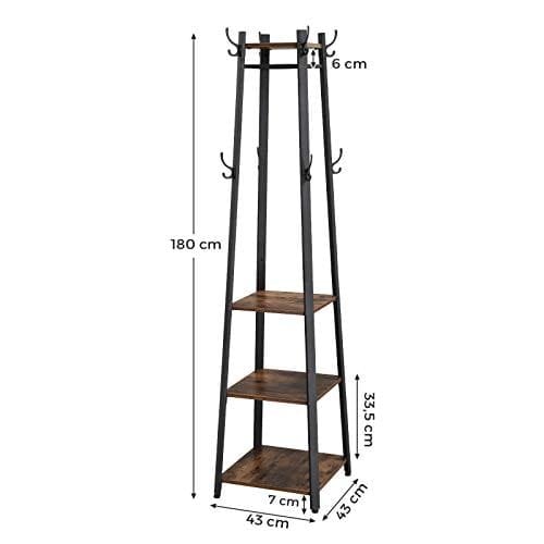 Vasagle frakke rack, frakke står med 3 hylder, stige hylde med kroge til tørklæder, tasker og paraplyer, stålramme, industriel stil, rustik brun og sort LCR80X