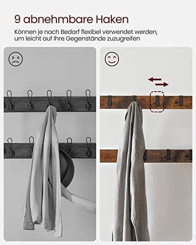 Vasagle Coat Rack, frakke står med skoopbevaringsbænk, 4-i-1 design, med 9 aftagelige kroge, en tøjskinne, til gangen, indgang, 33,7 x 84 x 183 cm, industriel, rustik brun og sort HSR400B01