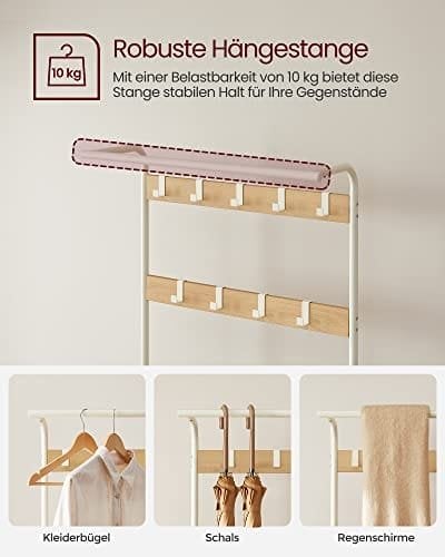 Vasagle Coat Rack, frakke står med skoopbevaringsbænk, 4-i-1 design, med 9 aftagelige kroge, en tøjskinne, til gangen, indgang, 33,7 x 77 x 183 cm, moderne, eg og fløde HSR40W