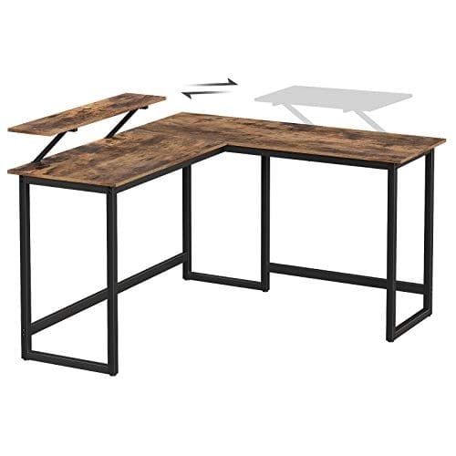 Vasagle L-formet skrivebord med skærmstativ til studier, spil, arbejde, rumbesparende, justerbare ben, metalramme, let samling, rustik brun LWD56X 140 x 130 x 76/91,5 cm
