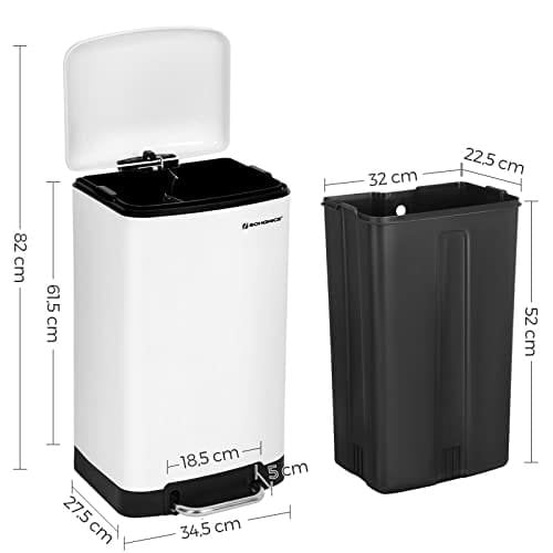Songmics Rubbish Bin, 30L papirkurven, stålpedalbakke, med indre spand og låg, blød lukning, lufttæt, til køkken, stue, hvid LTB01W