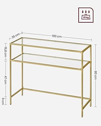 Vasagle -konsolbord, tempereret glasbord, moderne sofa eller indgangsbord, metalramme, 2 hylder, justerbare fødder, til stue, hallway, guldfarve LGT025A01