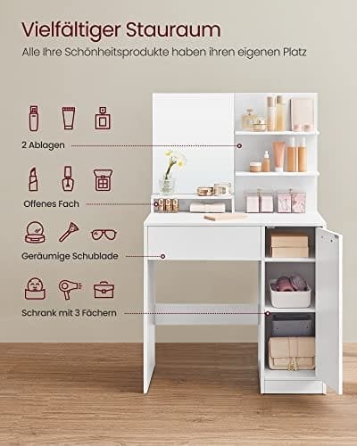 Vasagle -omklædningsbord, makeup -bord, forfængelighedsbord med spejl, 1 skuffe, 2 hylder, opbevaringsskab, makeup -arrangør, hvid RDT119W01