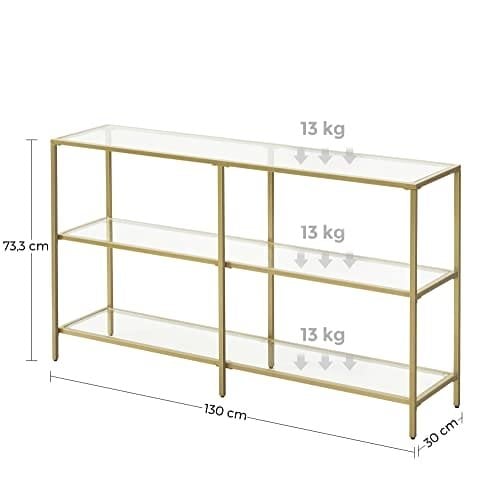 Vasagle -konsolbord, sofabord med 3 hylder, hærdet glashylde, 130 x 30 x 73,3 cm, metalramme, moderne, til hallway stue soveværelse, guldfarve LGT024A01