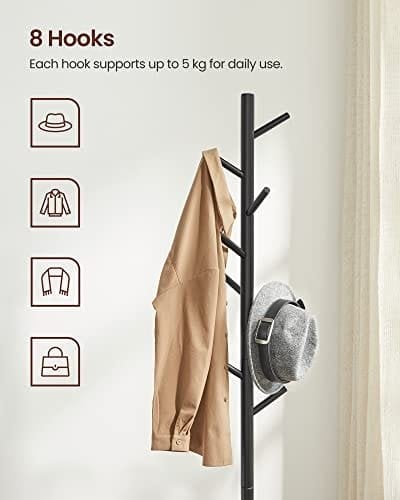 Vasagle Standing Coat Rack, Solid Wood Coat Rack, træformet frakkeholder med 8 kroge, 3 højdeindstillinger, til tøj, hatte, tasker, til stue, soveværelse, hjemmekontor, sort RCR004B01