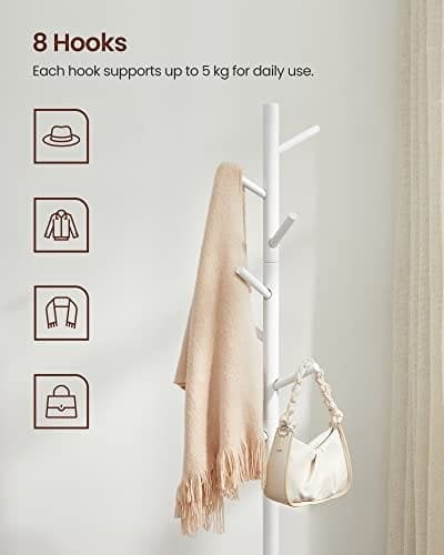 Vasagle Standing Coat Rack, Solid Wood Coat Rack, træformet frakkeholder med 8 kroge, 3 højdeindstillinger, til tøj, hatte, tasker, til stue, soveværelse, hjemmekontor, hvid RCR04WT