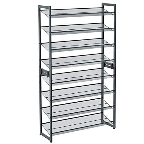 Songmics 8-lags sko rack, sæt med 2 stable 4-lags skoarrangører, stålmesh sko hylde opbevaring, justerbar flad eller vinklet hylder, kølig grå LMR08GB