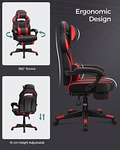 Songmics Racing Gaming Chair, Justerbar kontorstol med fodstøtte, ergonomisk design, vippemekanisme, nakkestøtte, lumbale support, 150 kg vægtkapacitet, sort og rød OBG73BRV1