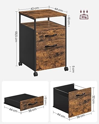 Vasagle -filskabet med 2 skuffer, arkivering af rullende kontor med hjul, åbent rum, stålramme, industriel stil, rustik brun og sort afc71x