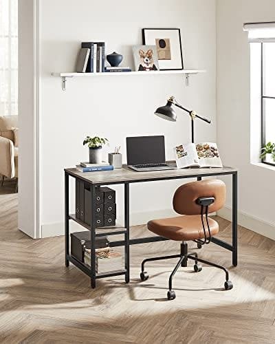 Vasagle Computer Desk, Writing Desk med 2 hylder på venstre eller højre, arbejdsbord til kontorstue, stålramme, industriel, greige og sort LWD47MB