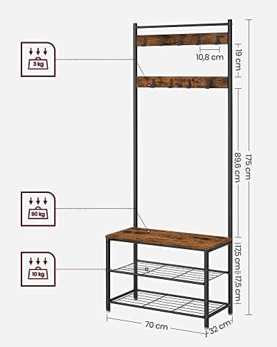 Vasagle Coat Rack, frakke står med skoopbevaringsbænk, halltræ med skostativ, 3-i-1 design, stålramme, til gangen, indgang, 32 x 70 x 175 cm, industriel, rustik brun og sort HSR41BX