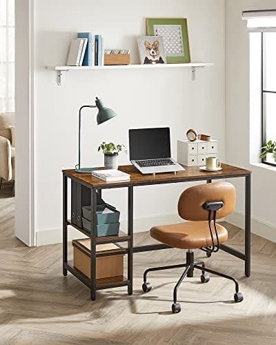 Vasagle Computer Desk, Writing Desk med 2 hylder på venstre eller højre, arbejdsbord til kontorstue, stålramme, industriel, rustik brun og sort LWD47X