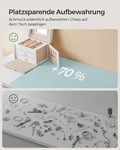 Songmics 3-lags smykkeboks, rejsesmykker med håndtag, 2 skuffer, låsbar smykker arrangør med spejl, smykkeopbevaring, moderne stil, gave til kære, hvid JBC154W01