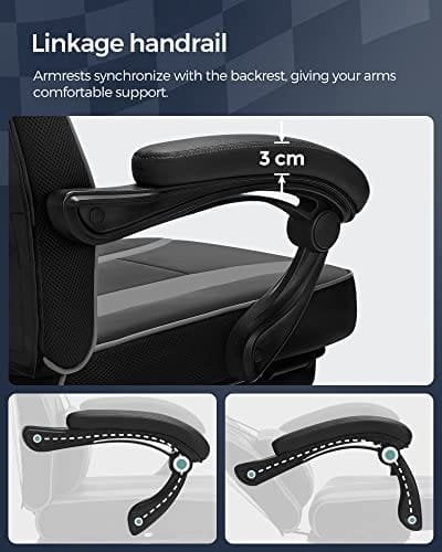 Songmics Gaming Chair Desk stol med fodstøtte, kontorstol med nakkestøtte og lændepude, højde-justerbar, ergonomisk, 90-135 ° Tilt Angle, Load 150 kg sort + grå