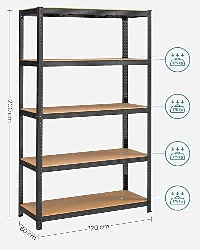 Songmics 5-lags hylderenhed, stålhylleenhed til opbevaring, værktøjsfri samling, til garage, skur, belastningskapacitet 875 kg, 60 x 120 x 200 cm, sort GLR060B01