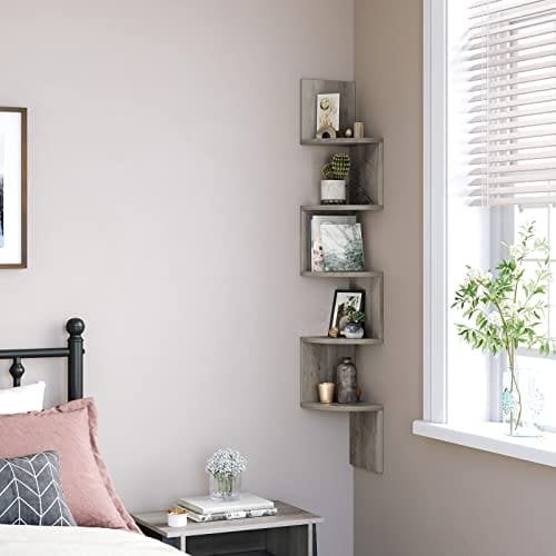 Vasagle Corner Shelf, 5-lags flydende væghylde med zigzag-design, boghylde, Greige LBC020M01
