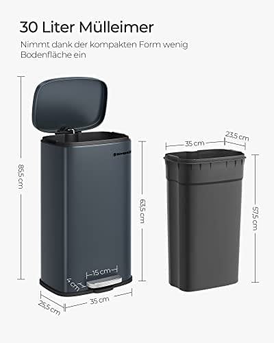 Songmics Kitchen Rubbish Bin, 30 L Pedal Bin With Plast