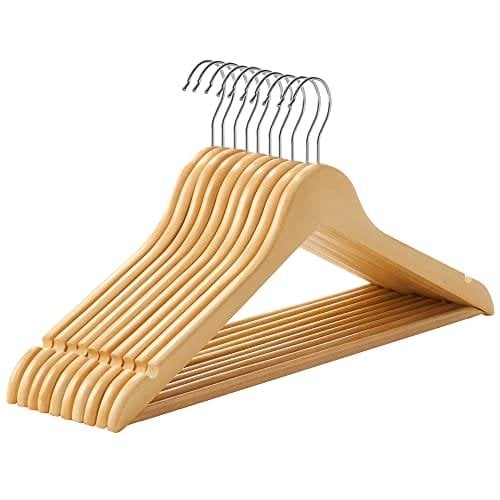 Songmics trähängare, uppsättning av 10, kapphängare, klädhängare, naturliga