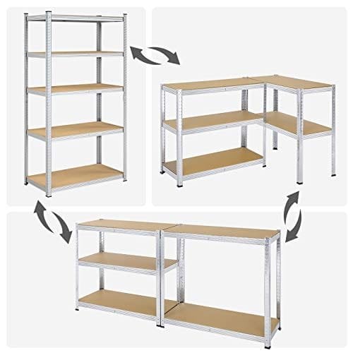 Songmics 5-lags hyldeenhed, stålhylder til opbevaring, værktøjsfri samling, til garage, skur, belastningskapacitet 600 kg, 50 x 100 x 200 cm, sølv GLR050E01