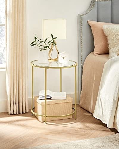 Vasagle rundt på sidebordet, tempereret glasende bord med gylden metalramme, lille sofabord, natbord, stue, balkon, robust og stabil, dekorativ, guld LGT20g