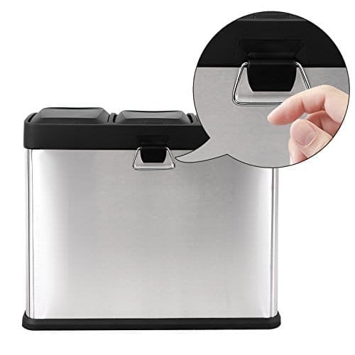 Songmics Recycling Bin, Pedal Bin, 45-liter Metal Rubbish Bin, Waste Separation System skraldespand til køkken, holdbar, 3 x 15 liter, rustfrit stål, sølv og sort LTB45L