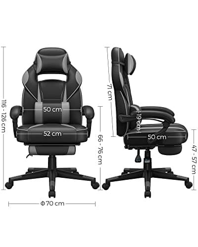Songmics Gaming Chair Desk stol med fodstøtte, kontorstol med nakkestøtte og lændepude, højde-justerbar, ergonomisk, 90-135 ° Tilt Angle, Load 150 kg sort + grå
