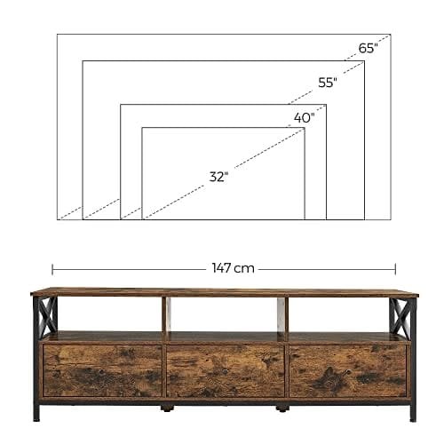 Vasagle TV Stand, tv -kabinet til op til 65 tommer tv, tv -bord med 3 skuffer og 3 åbne hylder, 40 x 147 x 50 cm, til stue, soveværelse, stålramme, rustik brun og sort LTV301B01