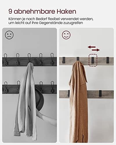 Vasagle Coat Rack, frakke står med skoopbevaringsbænk, 4-i-1 design, med 9 aftagelige kroge, en tøjskinne, til gangen, indgang, 33,7 x 77 x 183 cm, industriel, greige og sort HSR40MB