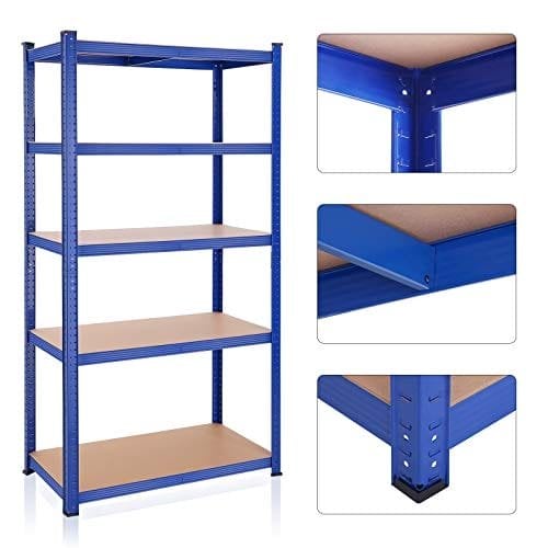 Songmics 5-lags hyldeenhed, stålhylder til opbevaring, værktøjsfri samling, til garage, skur, belastningskapacitet 600 kg, 50 x 100 x 200 cm, blå GLR050Q01