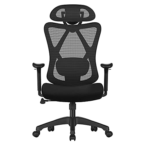 Songmics-kontorstol, ergonomisk skrivebordsstol, computerstol, meshstol, justerbar lændehvirveltilpasning og nakkestøtte, 150 kg, højdejusterbar, sort OBN063B01