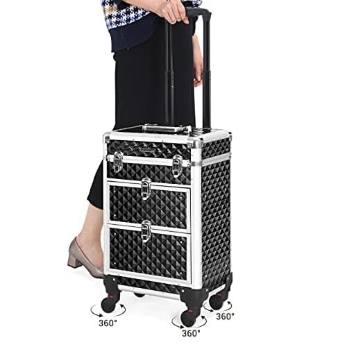Songmics Lockable Makeup Case, Rolling Cosmetics Beauty Trolley Box, til professionel makeupartist, skønhedsstudio, negletekniker, ABS, aluminium, 34 x 27 x 57 cm, sort JHZ08BK
