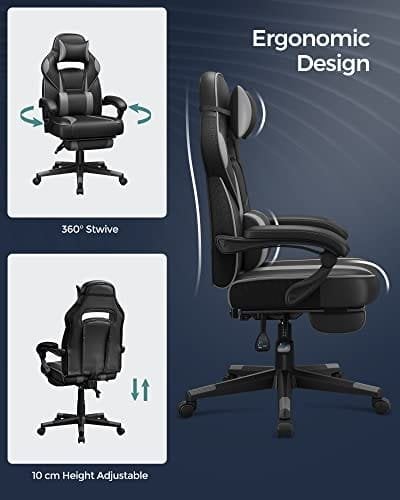 Songmics Gaming Chair Desk stol med fodstøtte, kontorstol med nakkestøtte og lændepude, højde-justerbar, ergonomisk, 90-135 ° Tilt Angle, Load 150 kg sort + grå