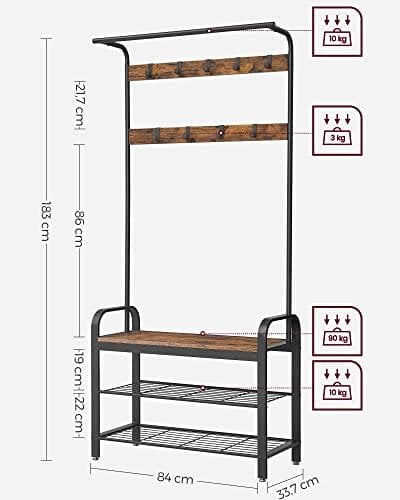 Vasagle Coat Rack, frakke står med skoopbevaringsbænk, 4-i-1 design, med 9 aftagelige kroge, en tøjskinne, til gangen, indgang, 33,7 x 84 x 183 cm, industriel, rustik brun og sort HSR400B01