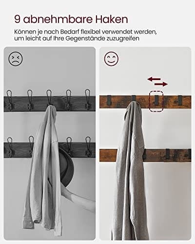 Vasagle Coat Rack, frakke står med skoopbevaringsbænk, 4-i-1 design, med 9 aftagelige kroge, en tøjskinne, til gangen, indgang, 33,7 x 77 x 183 cm, industriel, rustik brun og sort HSR40B
