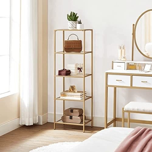 Vasagle Shelf Unit, 5-lags stigehyldeenhed, slank glashylde til soveværelse, badeværelse, hjemmekontor, tempereret glas, stålramme, guldfarve LGT029A01