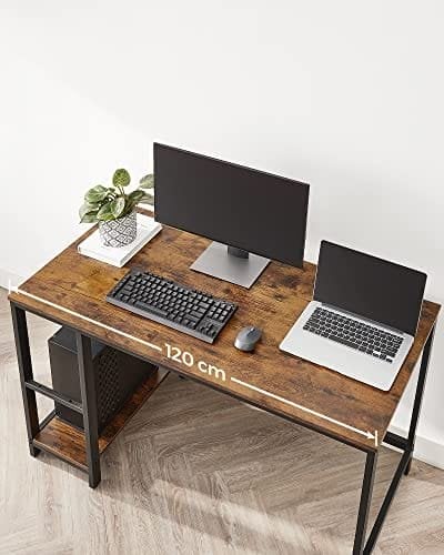 Vasagle Computer Desk, Writing Desk med 2 hylder på venstre eller højre, arbejdsbord til kontorstue, stålramme, industriel, rustik brun og sort LWD47X