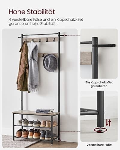 Vasagle Coat Rack, frakke står med skoopbevaringsbænk, halltræ med skostativ, 3-i-1 design, stålramme, til gangen, indgang, 32 x 70 x 175 cm, industriel, greige og sort HSR41MB
