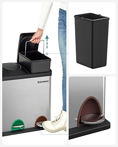 Songmics Recycling Bin, Pedal Bin, 45-liter Metal Rubbish Bin, Waste Separation System skraldespand til køkken, holdbar, 3 x 15 liter, rustfrit stål, sølv og sort LTB45L