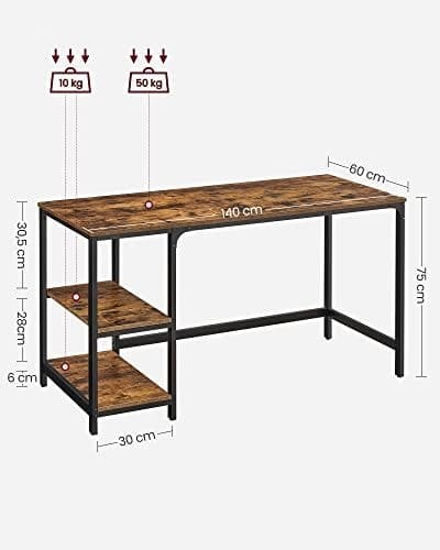 Vasagle Computer Desk, Writing Desk med 2 hylder på venstre eller højre, arbejdsbord til kontorstue, stålramme, industriel, rustik brun og sort LWD55X