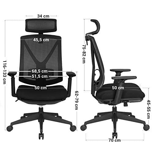 Songmics obn61bkv1 ergonomisk kontorstol med fodstøtte, skrivebordsstol med lændehjælp, justerbar nakkestøtte og armlæn, højdejustering og rockerfunktion, maksimal belastning 150 kg, sort