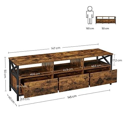 Vasagle TV Stand, tv -kabinet til op til 65 tommer tv, tv -bord med 3 skuffer og 3 åbne hylder, 40 x 147 x 50 cm, til stue, soveværelse, stålramme, rustik brun og sort LTV301B01