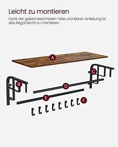 Vasagle-naulakko seinäkiinnitys, vaatetanko 5 irrotettavalla takkikoukulla, ruskea ja musta