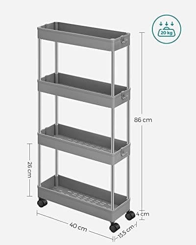 Songmics 4-lags glide opbevaringsvogn, rullende vogn på hjul, pladsbesparende smal køkken badeværelse vogn, 40 x 12,5 x 86 cm, grå KSC008G01