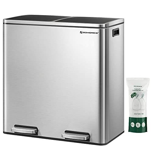 Songmics Double Rubbish Bin, 2 X 30 L Dual Compment Kitchen Bin With 15 Rubbish Poss, Metal Pedal Bin With Plast
