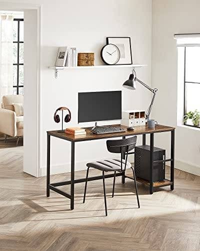 Vasagle Computer Desk, Writing Desk med 2 hylder på venstre eller højre, arbejdsbord til kontorstue, stålramme, industriel, rustik brun og sort LWD55X