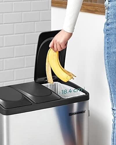 Songmics Recycling Bin, Pedal Bin, 45-liter Metal Rubbish Bin, Waste Separation System skraldespand til køkken, holdbar, 3 x 15 liter, rustfrit stål, sølv og sort LTB45L